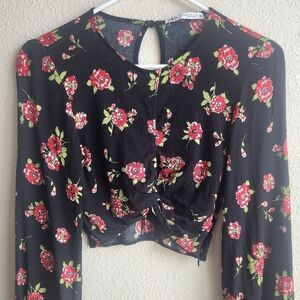 Zara Black Floral Crop Keyhole Blouse Gypsy